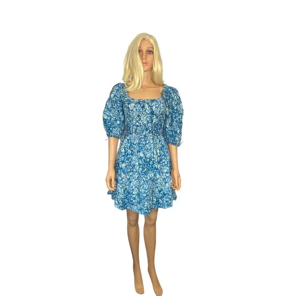 NWT House of Harlow 1960 REVOLVE Blue Ruffle Short Dress S/M Cotton Puff Sleeve - Picture 9 of 13